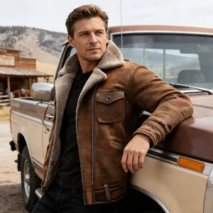 Men's Vintage Suede Faux Fur Jacket Winter Fleece Lined Lapel Multi-pocket Workwear Coat Brown Warm Outerwear Top