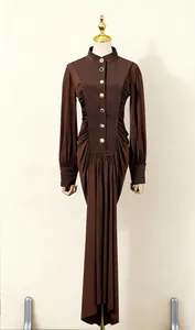 Full view of a elegant brown ruched long-sleeved maxi dress displayed on a mannequin torso