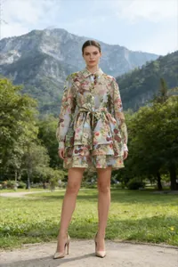 Détail d'une robe romantique à fleurs avec ourlet à volants superposés
