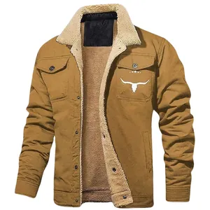 Men's rugged brown winter work jacket with warm fleece lining and longhorn chest graphic