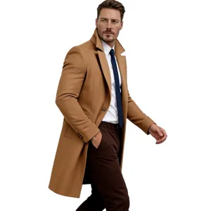 Side view of a man walking in a stylish classic camel mid-length wool coat for winter.