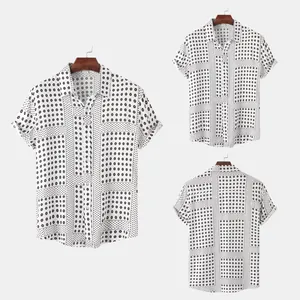Multiple views of men's short sleeve shirt with geometric flower print pattern