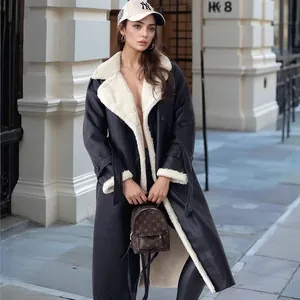Damen Kunstleder Mantel Lange Sherpa Gefüttert Verbund Plüsch Jacke Zweireihig Revers Oberbekleidung Mit Gürtel Herbst Winter Top