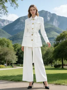 Elegant white two-piece suit set with gold buttons and belted waist detail for women