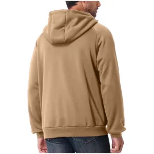 Back view of a premium khaki heavyweight fleece hoodie for men featuring ribbed cuffs