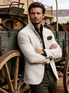 Detail shot of men's slim fit white tweed blazer with vintage single-breasted buttons