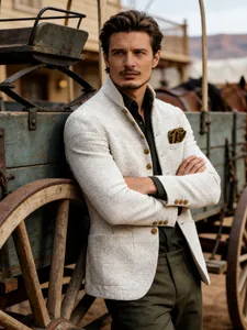 Detail shot of men's slim fit white tweed blazer with vintage single-breasted buttons