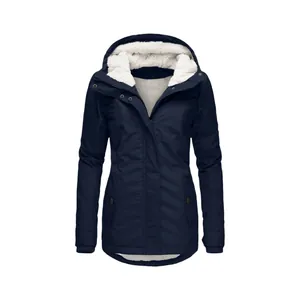 Detailed view of women's navy blue winter parka featuring a cozy white fleece lining