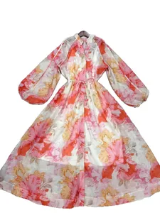 Elegant floral print maxi dress with waist tie and lantern sleeves for summer vacation