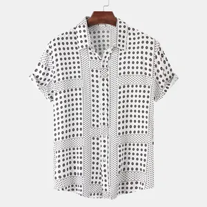 Stylish men's short-sleeved button-down shirt with black and red floral tile pattern