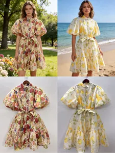 French retro floral and lemon print ruffled dress collage with model and hanger views.