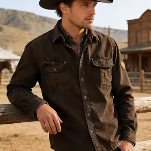 Close-up of vintage brown workwear jacket featuring multi-pockets and lapel collar