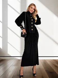 Women's Elegant Polyester Ruched Bodycon Maxi Dress High Neck Long Sleeve Gold Button Slimming Party Top And Bottom