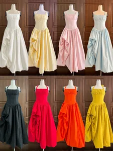 French style halter maxi dress with pleated fishbone bodice in multiple colors.