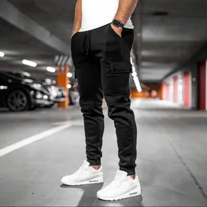 Men's black cargo sweatpants with multi-pockets and ribbed cuffs for athletic wear