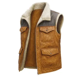 Gilet vintage da uomo in pelle scamosciata con tasche multiple e caldo collo in pile