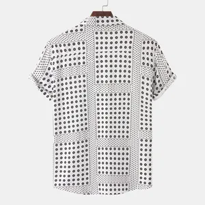 Back view of a stylish men's white short sleeve shirt with a geometric flower pattern detail