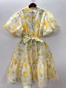 Detail of a French vintage dress featuring lemon print, lace trim, and ruffled hem with belt