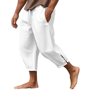 Comfortable men's white cotton linen cropped pants with drawstring for summer beach