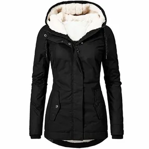 Detailed front view of women's black mid-length hooded jacket with white fleece lining