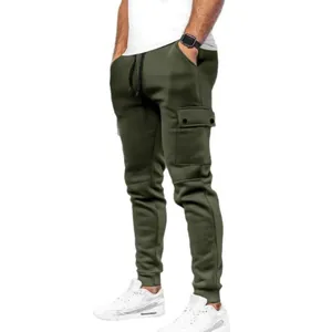 Men's olive green multi-pocket cargo joggers with elastic waist and drawstring for fitness