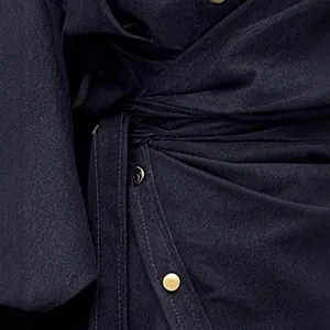 Retro navy blue tie-waist denim dress with elegant vintage gold buttons detail