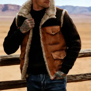 Gilet da Uomo Vintage Patchwork in Poliestere Scamosciato Foderato in Sherpa Tasche Multiple Senza Maniche per Esterno