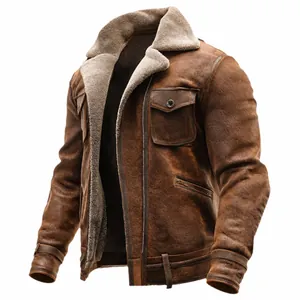 Men's vintage brown suede shearling jacket with warm fleece lining and multiple pockets