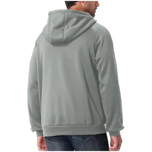 Back view of a grey heavy-duty men's hoodie featuring a spacious hood and ribbed hem