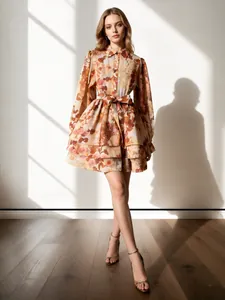 Mini Robe Florale Vintage Française en Polyester Imprimé Ourlet à Étages Top And Bottom Manches Longues Lien Taille Femme
