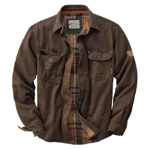 Vintage brown men's workwear jacket with plaid lining and multiple pockets