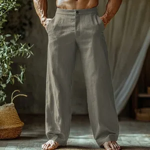 Detailed close-up view of men's breathable linen straight-leg beach pants with slanted pockets
