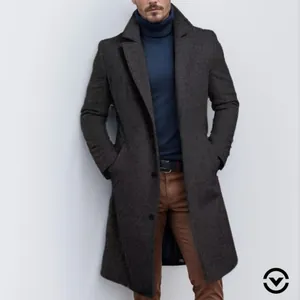 Premium men's charcoal grey wool overcoat, mid-length stylish winter jacket detail