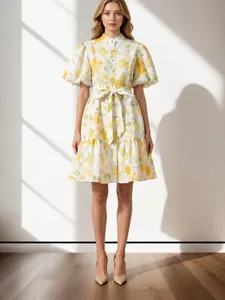 French Elegant Retro Floral Print Mini Dress With Puff Sleeves Lace Trim Single Breasted Ruffle Hem And Belt For Women Summer Vacation