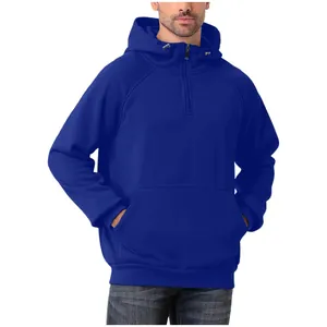 Close-up of royal blue heavyweight half-zip hoodie with front kangaroo pocket
