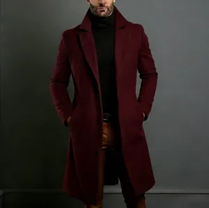 Front view of a burgundy mid-length wool coat for men in a professional studio.