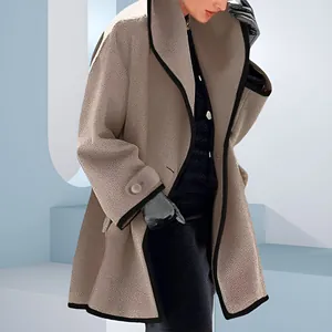 Elegant women's loose wool coat with contrast black piping for autumn winter fashion