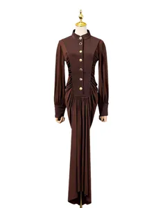 Elegant brown long-sleeved bodycon maxi dress with button details and ruched waist.