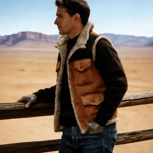 Gilet vintage da uomo in pelle scamosciata patchwork con fodera in pelliccia calda