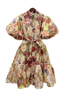 Elegant French vintage floral print ruffled dress with puff sleeves and waist tie