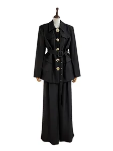 Elegant black belted blazer and wide-leg trousers suit set with gold buttons