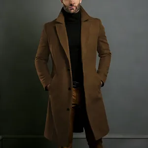 Close-up of a men's brown wool coat featuring elegant lapels and a slim fit design