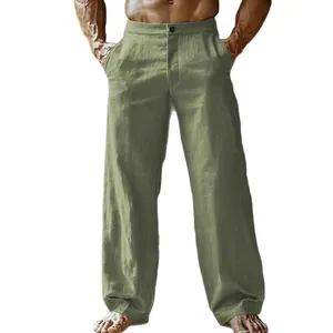 Men's breathable olive green linen straight leg beach trousers with button fly details
