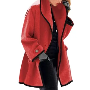 Red oversized hooded wool coat for women with contrast black piping trim