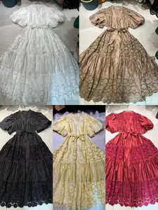 French lace patchwork maxi dresses in white, champagne, black, yellow, and red colors