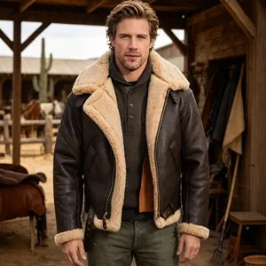 Stylish vintage men's winter PU leather jacket featuring a warm thick shearling collar