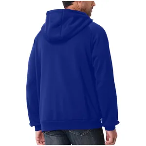 Detailed back view of a premium heavy blue solid color hoodie for men, ideal for autumn.