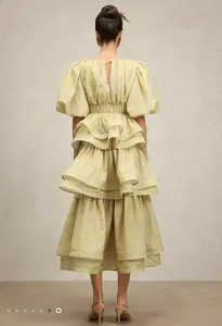 Back view of a yellow floral tiered dress with ruffles and voluminous puff sleeves