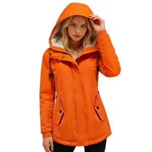 Detailed view of women's orange fleece-lined mid-length hooded jacket for winter