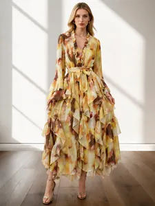 Elegant floral printed ruffled maxi dress with high waist tie and beaded V-neckline details